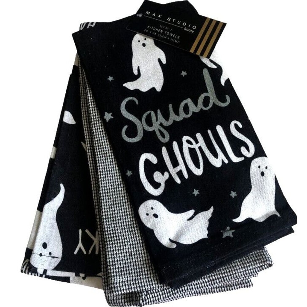 Max Studio Halloween Kitchen Dish Towels Squad Ghouls Black White Ghost Set of 3
